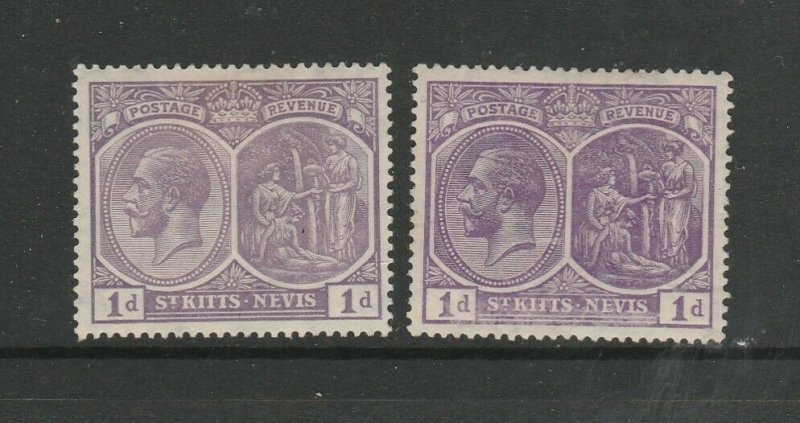 St Kitts Nevis 1921/9 GV 1d Violet, both listed shades MM SG 39 & 39a, both have