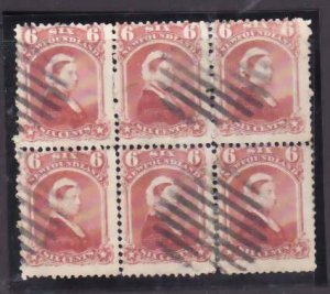 Newfoundland-Sc#35- id13-used 6c dull rose QV block of 6-1870-please note most