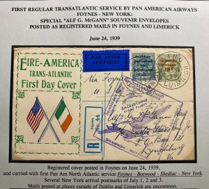 1939 Limerick Ireland First Flight Cover To New York USA AlF G McGann Envelope