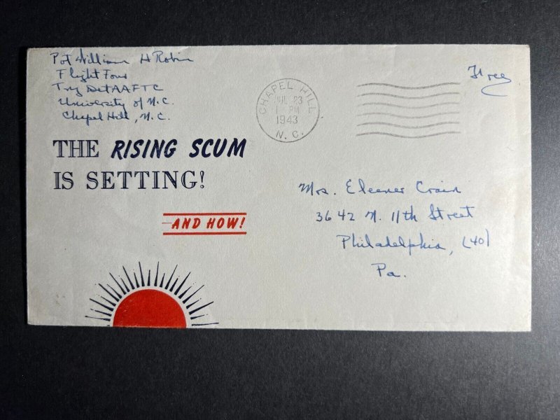 1943 Patriotic WWII USA Cover Chapel Hill NC to Philadelphia PA Rising Sun Set F