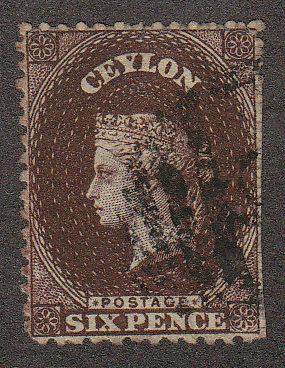 Ceylon 6P Brown (Fault) (Scott #7) Used Decent Stamp