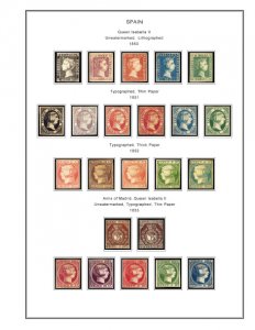 COLOR PRINTED SPAIN 1850-1940 STAMP ALBUM PAGES (42 illustrated pages)