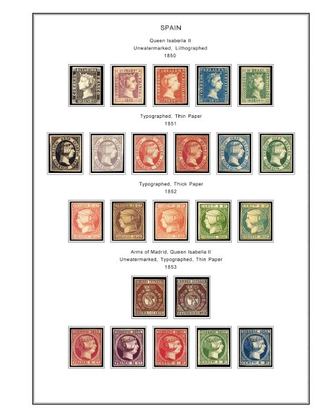 COLOR PRINTED SPAIN 1850-1940 STAMP ALBUM PAGES (42 illustrated pages)