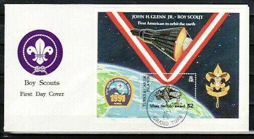 Turks & Caicos, Scott cat. 970. Scout Jamboree, Space s/sheet. First Day Cover.