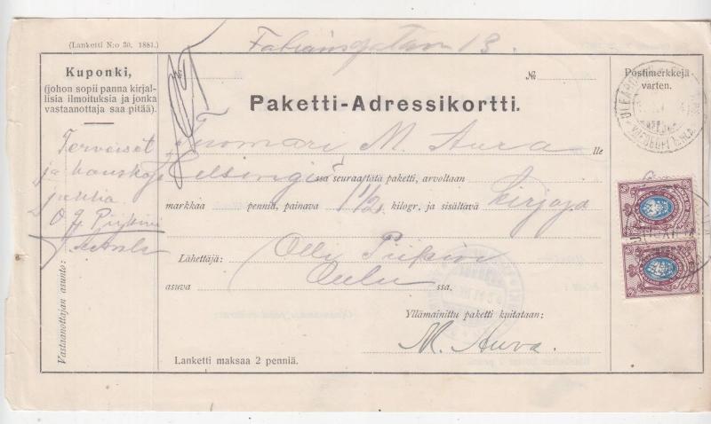 FINLAND, Parcel Card, 1914, Uleaborg to Helsingfors, 80p.