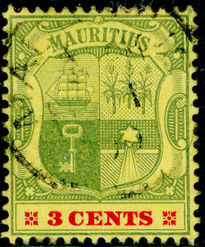 MAURITIUS SG166, 3c green & carmine/yellow, FINE USED. Cat £12. 