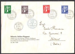 1939 SWITZERLAND, Expo Zurich n . 337/340 - Zurich-Milan in a hot air balloon -