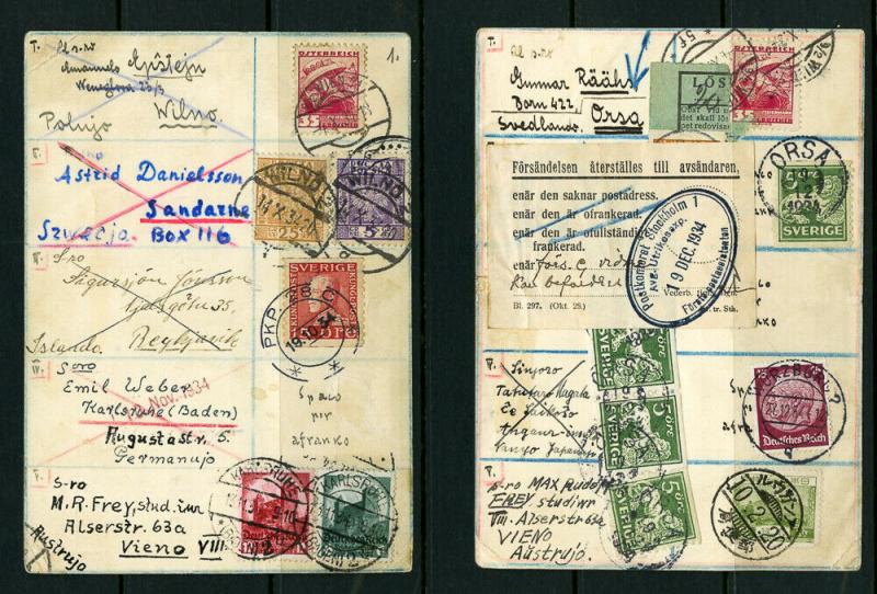 Worldwide Pair 1934 Migrant Cards 9 Country Stamps Cancels