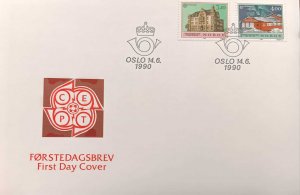 D)1990, NORWAY, FIRST DAY COVER, ISSUE, EUROPA, POST OFFICES, TRONDHEIM, LONGY