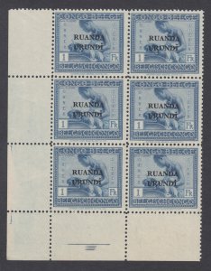 Ruanda Urundi Sc 20 MNH. 1926 1fr blue Basket Weaver, sheet corner block of 6