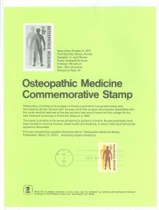 US SP314/1469 1972 8c Osteopathic medicine on official USPS souvenir page - #1469 single with first day cancel.