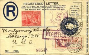 TRINIDAD 1928 3d registered envelope uprated used to USA...................91814 