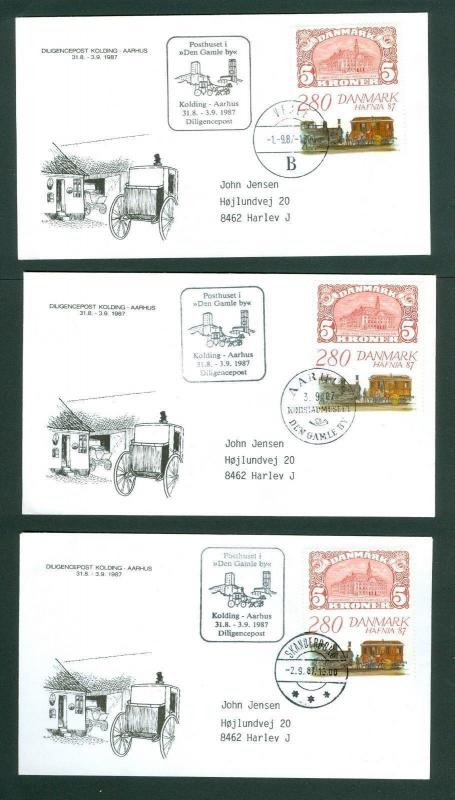 Denmark. 3 Covers 1987. Mail Coach Kolding-Aarhus.  Spc. Cancel. 2.80 Kr Train