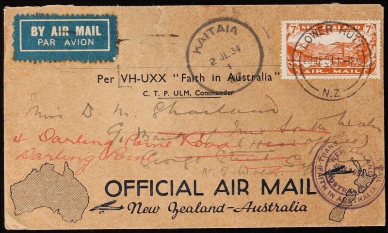 NEW ZEALAND 1934 NZ-Australia First Flight Cover franked Air 7d. To Sydney.