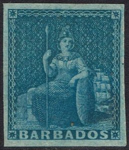 BARBADOS 1852 BRITANNIA (1D) IMPERF ON BLUED PAPER