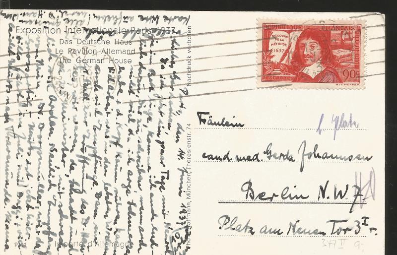 J) 1937 FRANCE, RENEE DESCARTES, THE GERMAN HOUSE, WITH SLOGAN CANCELLATION, POS