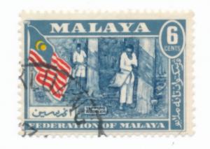 Malaya 1957 Scott 80 used - 6c, Rubber Tapping & flag