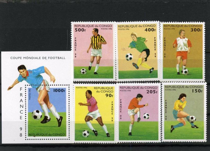 CONGO 1996 SOCCER WORLD CUP FRANCE SET OF 6 STAMPS & S/S MNH