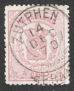 Used 1869 Netherlands' 1.5c Post Stamp w/Coat of Arms, Scott #20