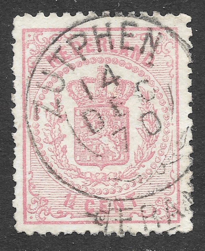 Used 1869 Netherlands' 1.5c Post Stamp w/Coat of Arms, Scott #20