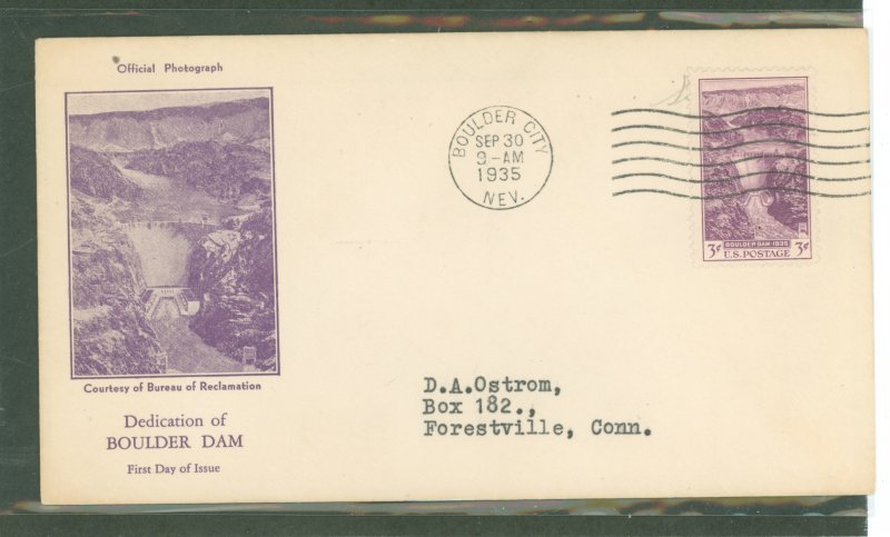 US 774 1935 3c boulder Dam completion (single) on an addressed (typed) FDC with a Rice cachet