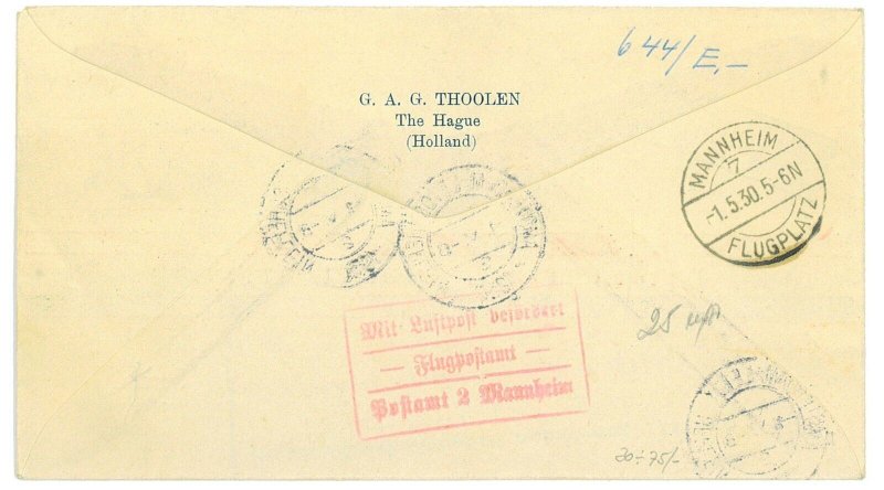P3692 - AIRMAIL , NETHERLANDS , 1.5.1930 AMSTERDAM-MANNHEIM