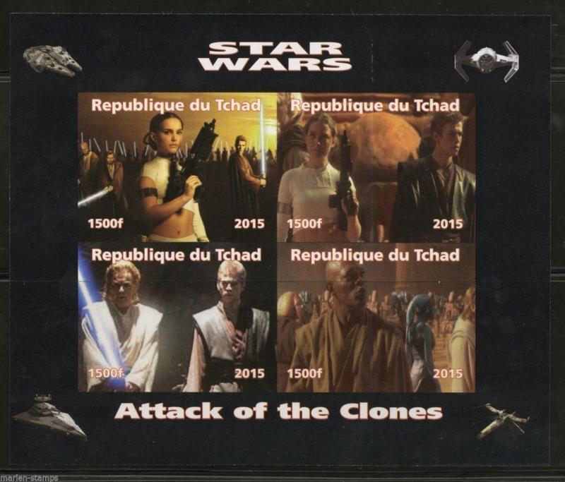 CHAD 2015 STAR WARS 'ATTACK OF THE CLONES' SHEET OF FOUR  IMPERFORATED MINT NH