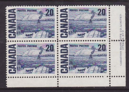 Canada-464iii- id9-unused NH 20c pl2 LR plate block-PVA-Centennial-1972-