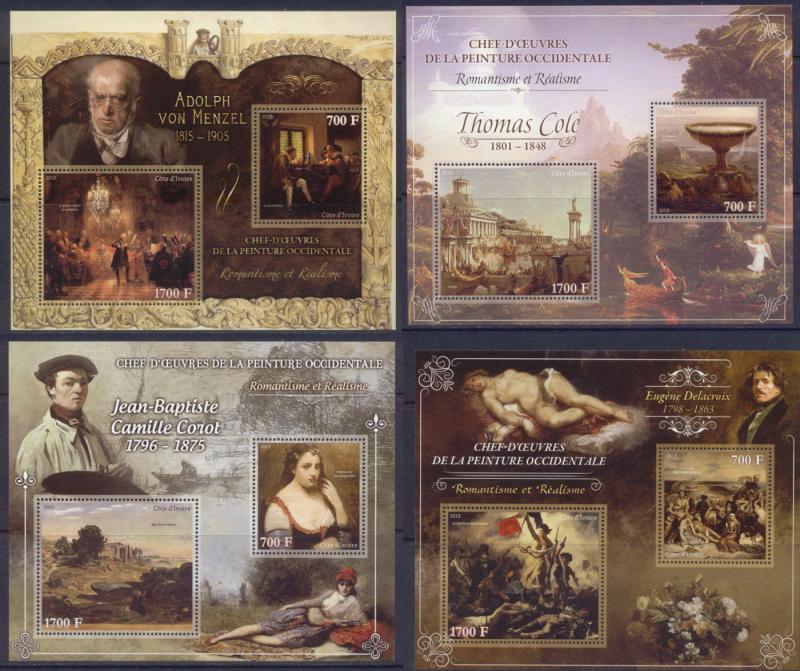 Ivory Coast 15 MNH sheets - Masterpieces of Western Art - Romanticism Realism