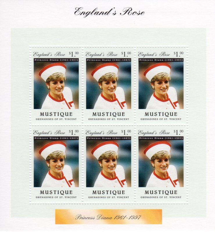 MUSTIQUE 1997 Sc#1 Diana,Princess of Wales (1961-1997) Sheetlet (6) MNH