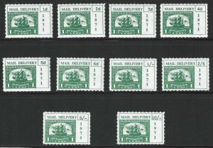 Great Britain, 1971, British Postal Strike, Set of of 10 Stamps, Rouletted 