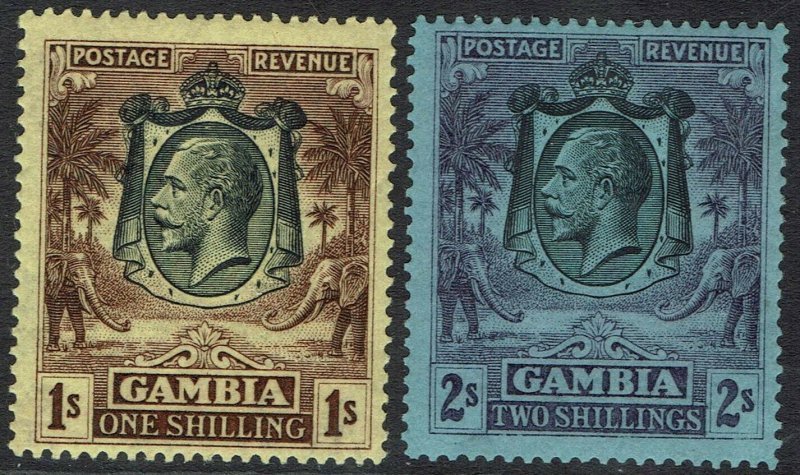 GAMBIA 1922 KGV ELEPHANTS 1/- AND 2/- WMK MULTI SCRIPT CA