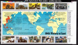 1995 WWII 5th Year Sc 2981a-j MNH pane of 10 diferent designs - Typical