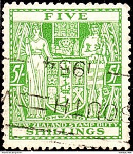 NEW ZEALAND 1950 5/- Green Postal Fiscal SGF195w FU