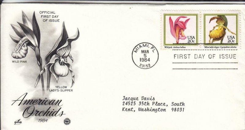 1984, American Orchids-Wild Pink,Yellow Lady's Slipper,Artcraft/PCS, FDC (E8005)