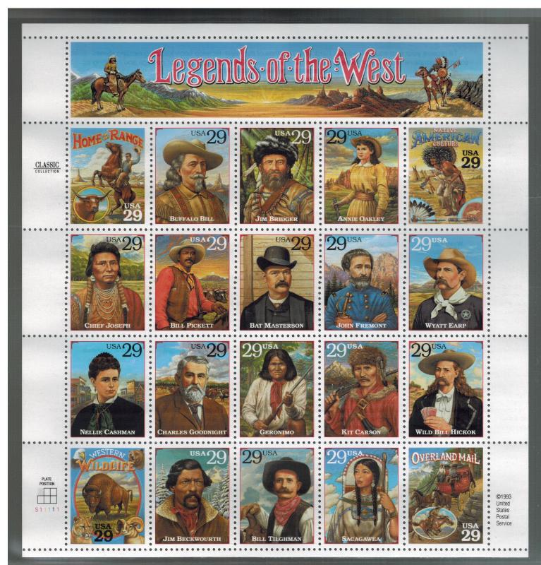 1994 USA Stamp # 2870 Legends of the West Error Sheet Cowboy Bill Pickett  2