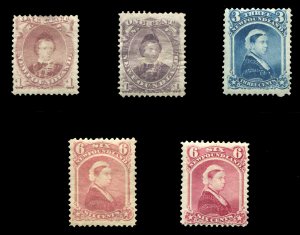 Newfoundland #32/36 Cat$600, 1868-94 1c-6c, five different, unused without gum