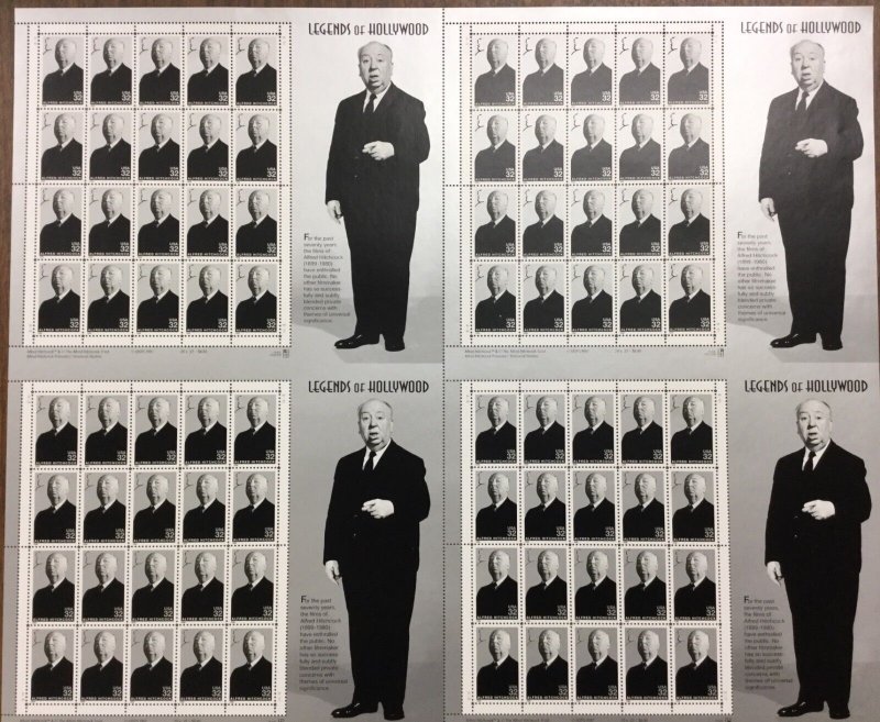 US #3226, UNCUT PRESS SHEET, 32¢ “Alfred Hitchcock”. MNH. Bkm. CV $160
