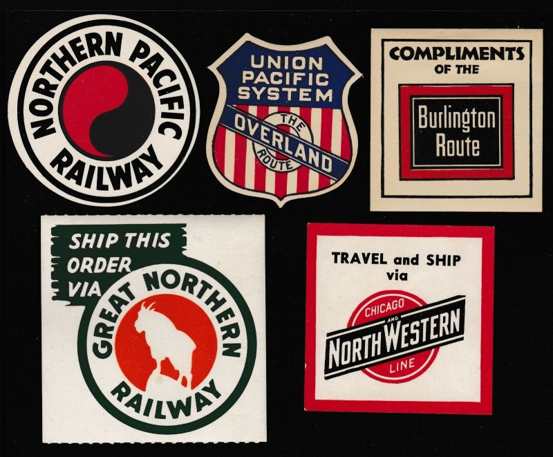 US Vintage 5 RAILROAD Union Pacific,N. Pacific,G. Northern,NW Cinderella Stamps