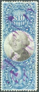 #R128 1871 $10.00 BLUE & BLACK DOC. STAMP VF USED CV $210.00 BP0993