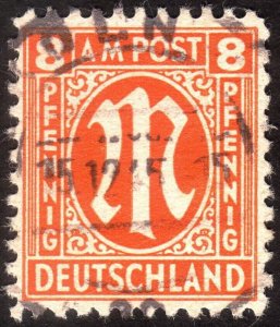 1945 Germany, American-British Occ. (Bizone) 8pfg, Used, Sc 3N6, Mi 21Az