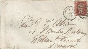 GB QV 1873 COVER PENNY RED 'NH’ PL136 FROM SWANSEA TO LIVERPOOL 24TH NOV 1873.