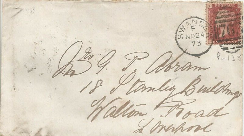 GB QV 1873 COVER PENNY RED 'NH’ PL136 FROM SWANSEA TO LIVERPOOL 24TH NOV 1873.