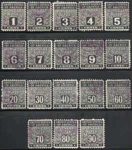 US 1945 Postal Note stamps, Sc PN1-18, Used F-VF complete set