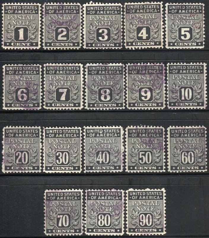US 1945 Postal Note stamps, Sc PN1-18, Used F-VF complete set