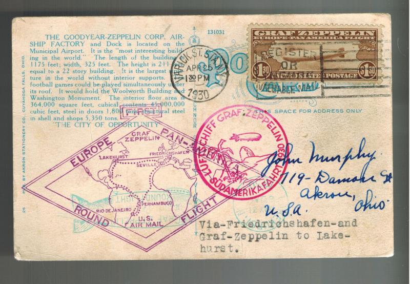 1930 USA Graf Zeppelin Postcard cover Around the World to Akron OHio # C14