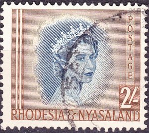 RHODESIA & NYASALAND 1954 EQII 2/- Deep Blue & Yellow-Brown SG11 Used