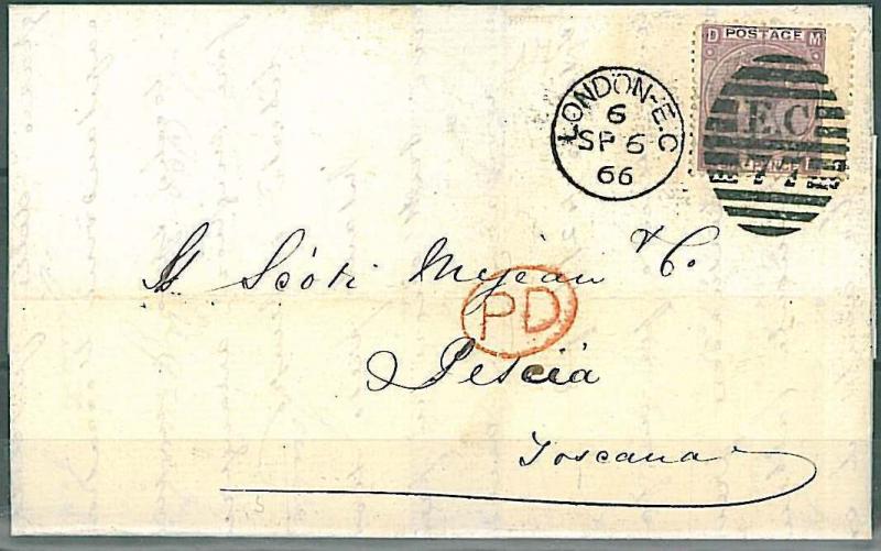 POSTAL HISTORY : GB - cover to PESCIA, TOSCANA , ITALY 1866 - SG 97 plate 6