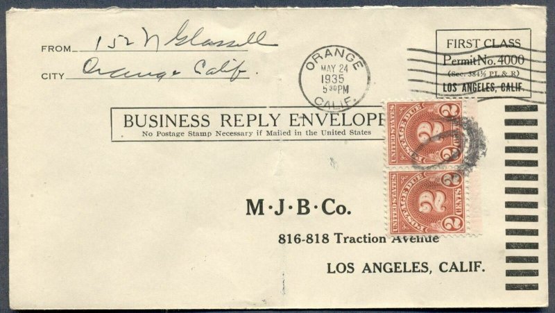 FIRST CLASS PERMIT w/Postage Due: 1935 Cover from Orange, California