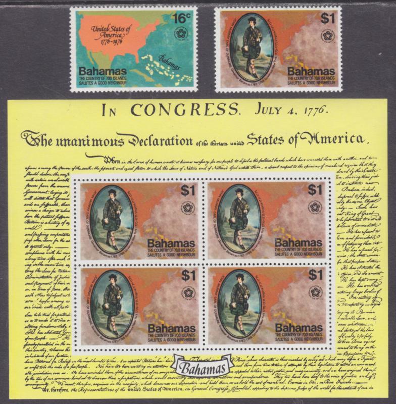 Bahamas Sc 392-392a MNH. 1976 US Bicentennial + Souv Sheet